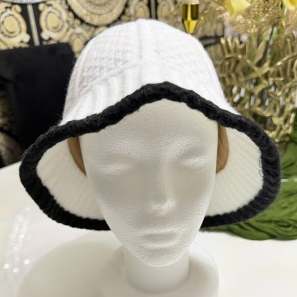 White Knit Cloche Bucket Hat With Black Trim – Winter Hat - Picture 6 of 8